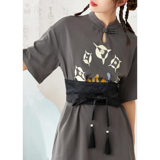 ZIHAN紫涵国风改良T恤裙女2022夏新款立领印花休闲大码裙子附腰封日系Z2Z03DS012 商品图3