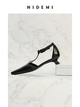 HIDEMI 羊皮方尖头复古设计感小跟凉鞋皮鞋 黑色/裸米色