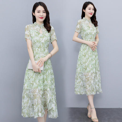 雪纺复古，短袖改良版旗袍中长款鱼尾边连衣裙HR-SSFB2555 商品图2