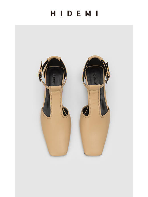HIDEMI 羊皮方尖头复古设计感小跟凉鞋皮鞋 黑色/裸米色 商品图8