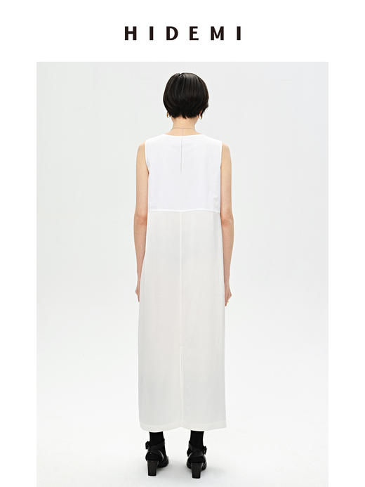 HIDEMI 白色简约设计感圆领缎面棉质口袋拼接大廓形连衣裙 商品图4
