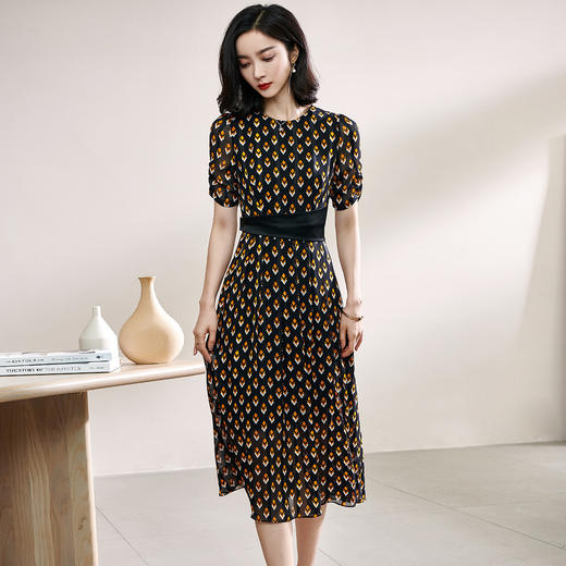 剩S/M 米思阳2024夏季新款时尚复古印花雪纺裙拼接醋酸中长款连衣裙1123 商品图4