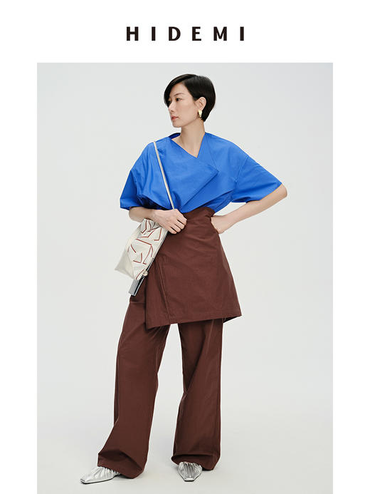 HIDEMI 克莱因蓝简约堆叠门襟双片式剪裁设计感自然棉质短袖衬衫 商品图1