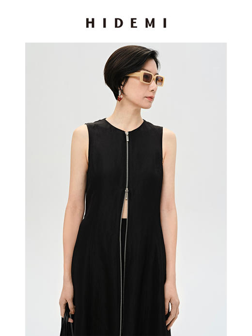 HIDEMI 简约设计感圆领拉链式收腰显瘦亚麻连衣裙 黑色/咖啡色 商品图12