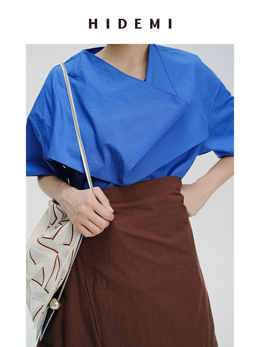 HIDEMI 克莱因蓝简约堆叠门襟双片式剪裁设计感自然棉质短袖衬衫 商品图2