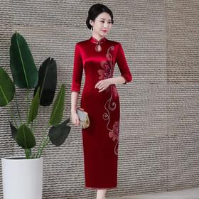 MH-新款重磅醋酸旗袍连衣裙复古改良时尚结婚敬酒长款七分袖