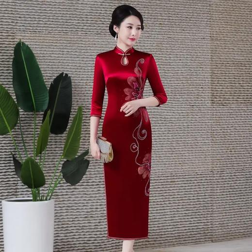 MH-新款重磅醋酸旗袍连衣裙复古改良时尚结婚敬酒长款七分袖 商品图0