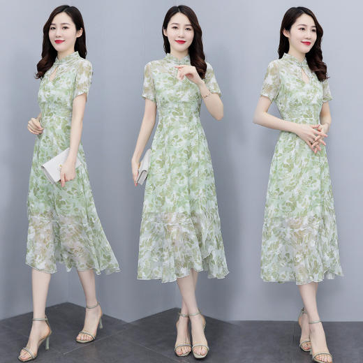 雪纺复古，短袖改良版旗袍中长款鱼尾边连衣裙HR-SSFB2555 商品图0