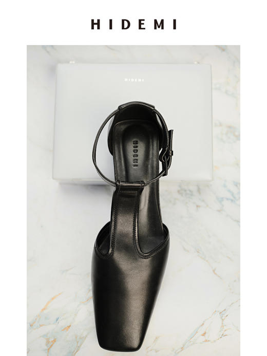 HIDEMI 羊皮方尖头复古设计感小跟凉鞋皮鞋 黑色/裸米色 商品图6
