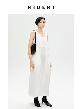 HIDEMI 白色简约设计感圆领缎面棉质口袋拼接大廓形连衣裙