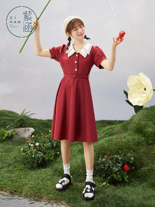 ZIHAN紫涵收腰大摆连衣裙女2022夏季新款气质收腰撞色双层领长裙泡泡袖Z2Z03BS156 商品图3