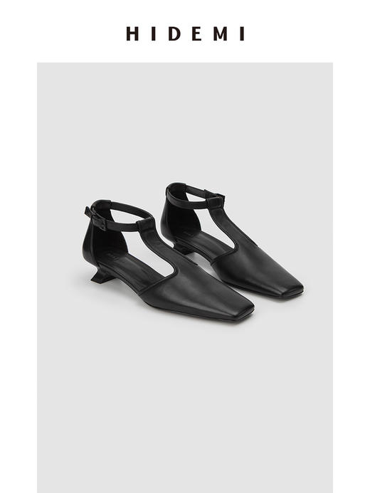 HIDEMI 羊皮方尖头复古设计感小跟凉鞋皮鞋 黑色/裸米色 商品图9