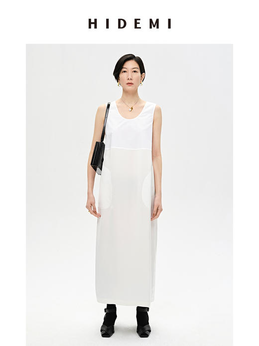 HIDEMI 白色简约设计感圆领缎面棉质口袋拼接大廓形连衣裙 商品图1