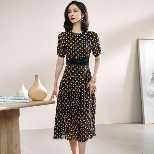 剩S/M 米思阳2024夏季新款时尚复古印花雪纺裙拼接醋酸中长款连衣裙1123 商品图1