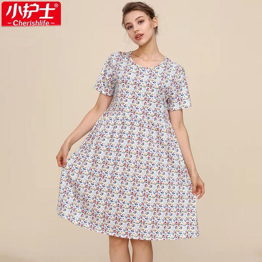 小护士睡衣女睡裙新疆棉夏季家居服薄款短袖碎花宽松休闲可外穿家居裙JMQ042 商品图1