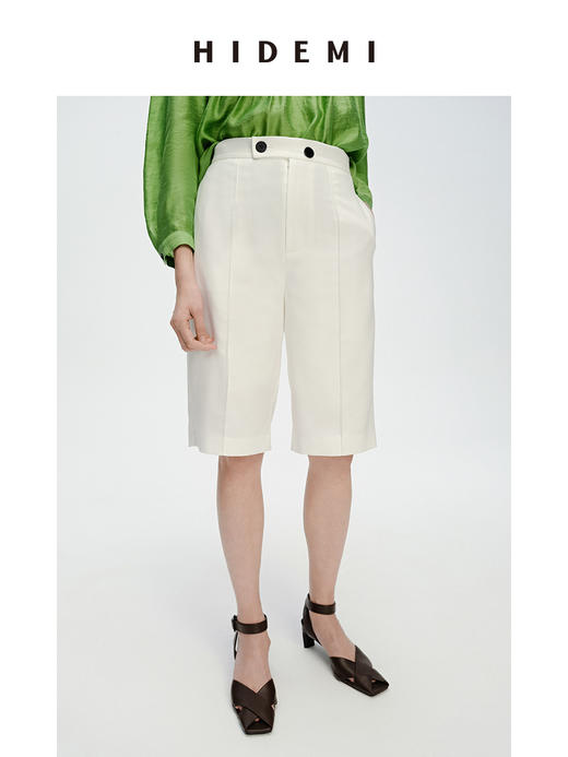 HIDEMI 两粒扣纤维显瘦西裤中短裤 奶茶色/白色 商品图6