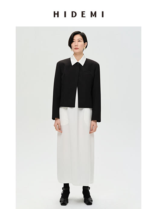 HIDEMI 白色简约设计感圆领缎面棉质口袋拼接大廓形连衣裙 商品图5