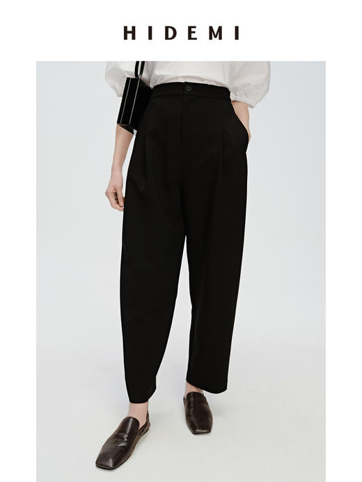 HIDEMI 一粒扣显瘦舒适茧型九分裤 豆乳白/黑色 商品图2