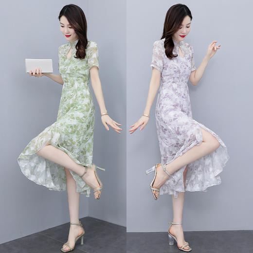 雪纺复古，短袖改良版旗袍中长款鱼尾边连衣裙HR-SSFB2555 商品图3