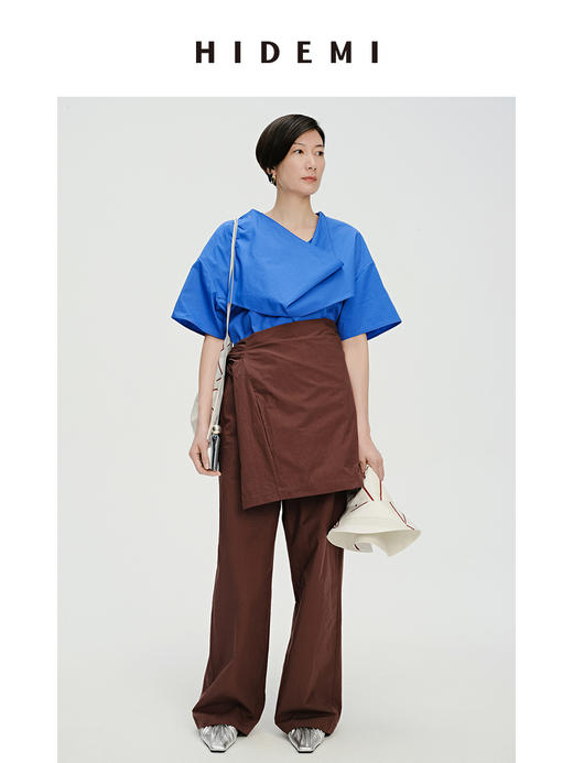 HIDEMI 克莱因蓝简约堆叠门襟双片式剪裁设计感自然棉质短袖衬衫 商品图5