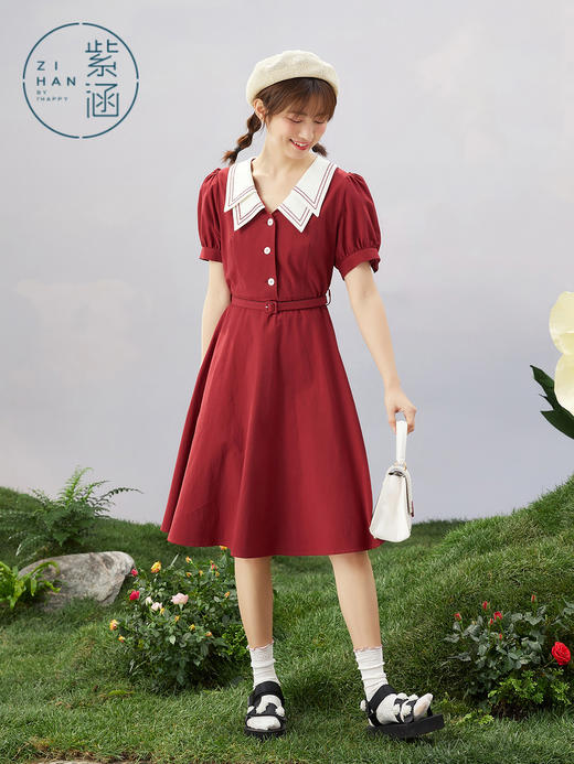 ZIHAN紫涵收腰大摆连衣裙女2022夏季新款气质收腰撞色双层领长裙泡泡袖Z2Z03BS156 商品图2