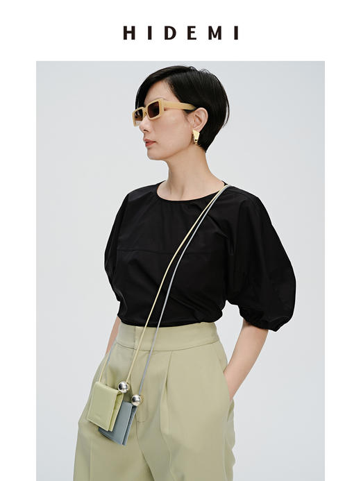 HIDEMI 简约廓形短袖设计感自然棉质衫衬上衣 白色/黑色 商品图9