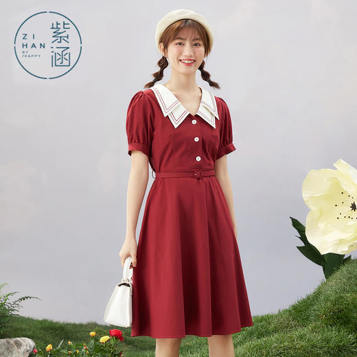 ZIHAN紫涵收腰大摆连衣裙女2022夏季新款气质收腰撞色双层领长裙泡泡袖Z2Z03BS156 商品图0