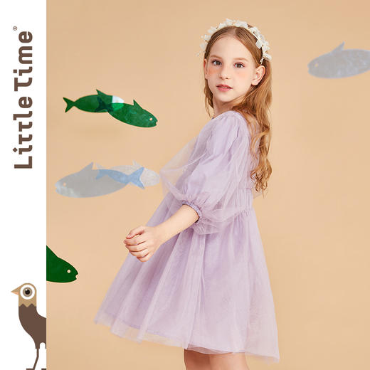 littletime儿童超仙紫色七分袖网纱公主裙春夏新款女童连衣裙 商品图2