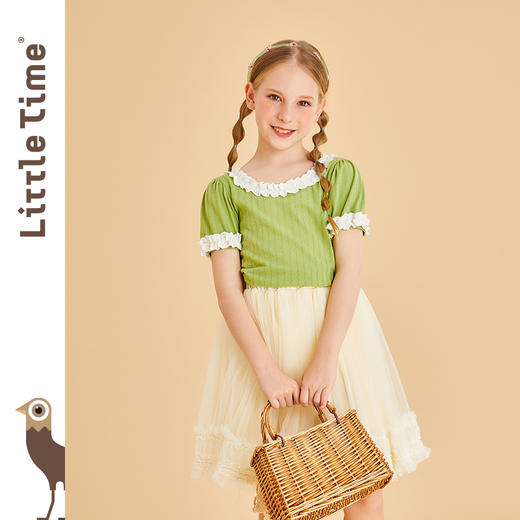 littletime女童花边短袖T恤夏季绿色文艺新款中大童儿童上衣 商品图1