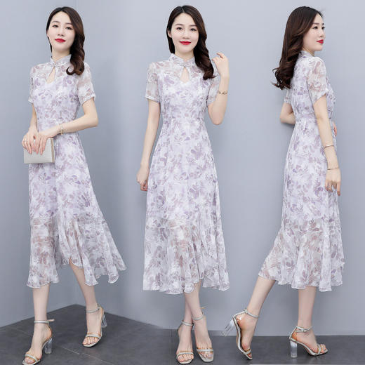 雪纺复古，短袖改良版旗袍中长款鱼尾边连衣裙HR-SSFB2555 商品图1