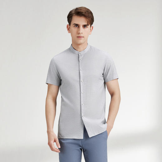 【特价】【含麻】柒牌男士短袖衬衫经典条纹夏季新款男生通勤上装立领衬衣	122A70320 商品图1