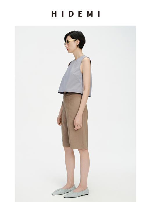 HIDEMI 两粒扣纤维显瘦西裤中短裤 奶茶色/白色 商品图5