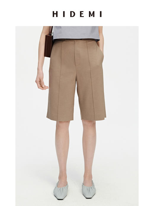 HIDEMI 两粒扣纤维显瘦西裤中短裤 奶茶色/白色 商品图3