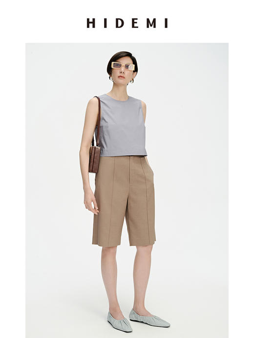 HIDEMI 两粒扣纤维显瘦西裤中短裤 奶茶色/白色 商品图4