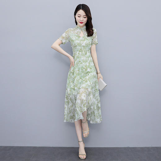 雪纺复古，短袖改良版旗袍中长款鱼尾边连衣裙HR-SSFB2555 商品图4