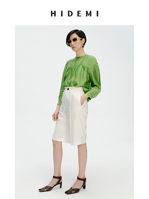 HIDEMI 两粒扣纤维显瘦西裤中短裤 奶茶色/白色 商品图8