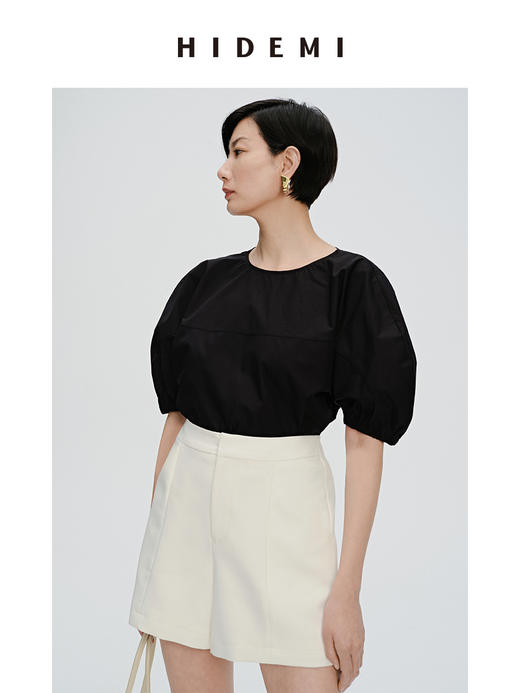HIDEMI 简约廓形短袖设计感自然棉质衫衬上衣 白色/黑色 商品图6