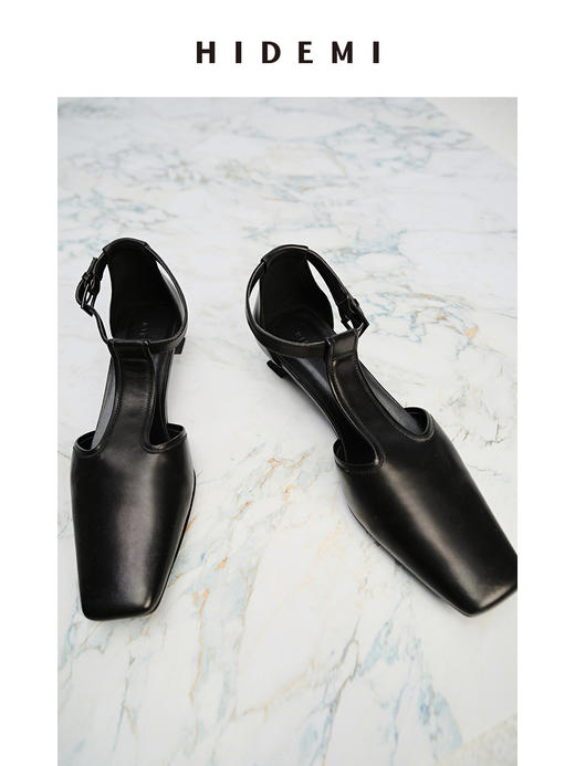 HIDEMI 羊皮方尖头复古设计感小跟凉鞋皮鞋 黑色/裸米色 商品图5
