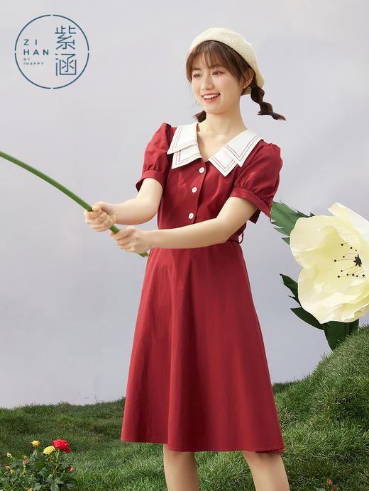 ZIHAN紫涵收腰大摆连衣裙女2022夏季新款气质收腰撞色双层领长裙泡泡袖Z2Z03BS156 商品图1