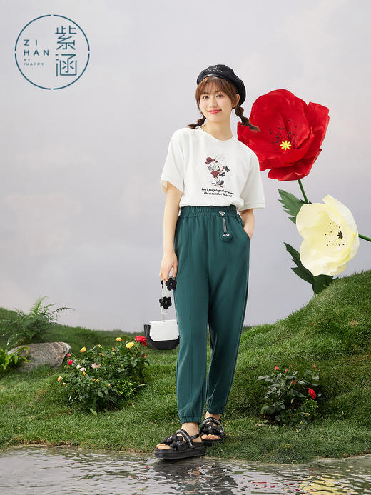 ZIHAN紫涵高腰针织运动裤女2022夏新款松紧腰直束脚裤简约直筒百搭长裤Z2Z03BS180 商品图5