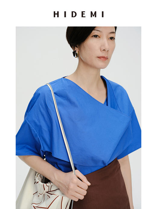 HIDEMI 克莱因蓝简约堆叠门襟双片式剪裁设计感自然棉质短袖衬衫 商品图3