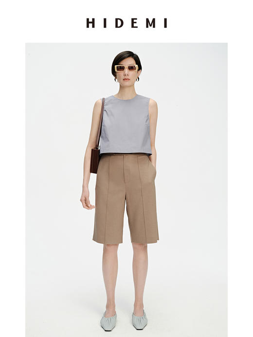 HIDEMI 两粒扣纤维显瘦西裤中短裤 奶茶色/白色 商品图2