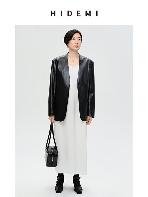 HIDEMI 白色简约设计感圆领缎面棉质口袋拼接大廓形连衣裙 商品图6