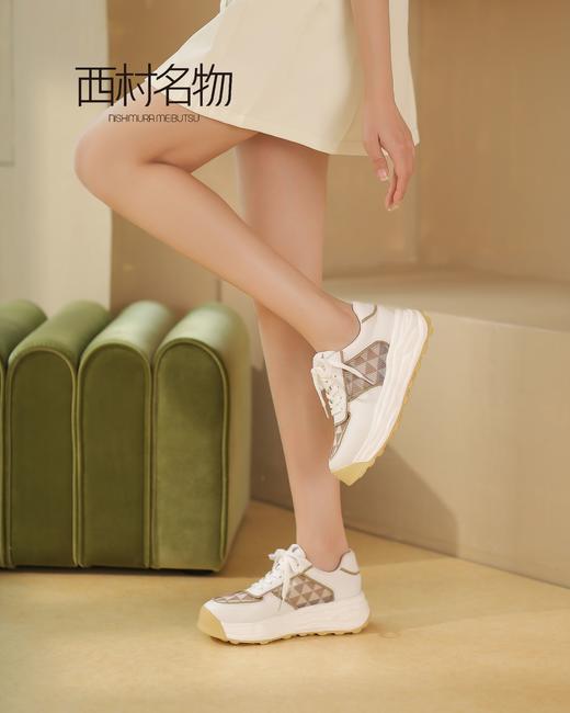 西村名物2022新款棋盘格休闲厚底系带运动小白鞋X22AM10131 商品图1