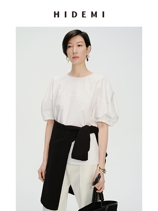 HIDEMI 简约廓形短袖设计感自然棉质衫衬上衣 白色/黑色 商品图2