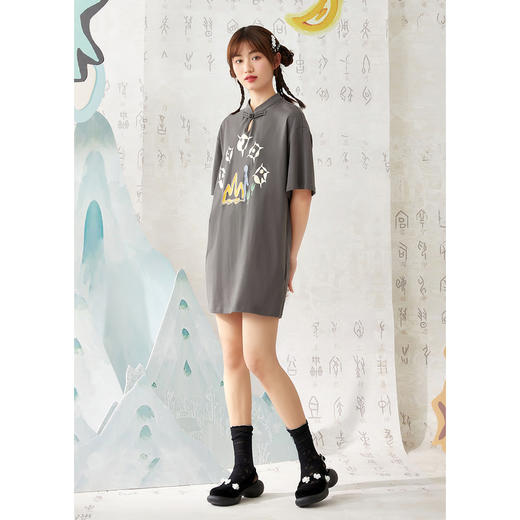 ZIHAN紫涵国风改良T恤裙女2022夏新款立领印花休闲大码裙子附腰封日系Z2Z03DS012 商品图4