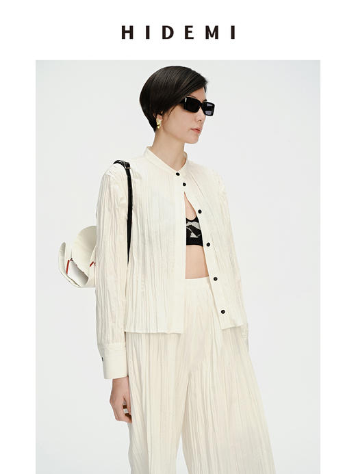 HIDEMI 自然白简约设计感竖压纹褶皱感衬衫套装 衬衫/阔腿裤 商品图4