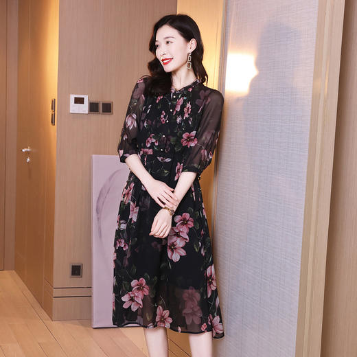 真丝连衣裙女中长裙印花显瘦桑蚕丝A字裙 LS-24102 商品图1