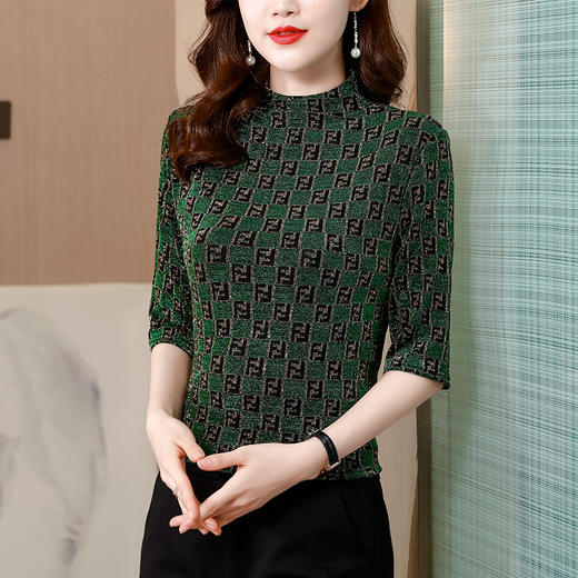 KQL dydd8526烫金亮丝豹纹五分袖打底衫 商品图0