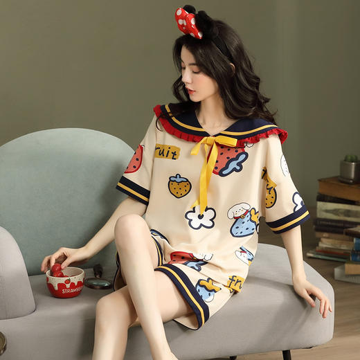 2022夏季韩版ins纯棉睡衣女士休闲套装短袖短裤宽松学生睡眠家居服女秋季薄款时尚套装可外穿 商品图0